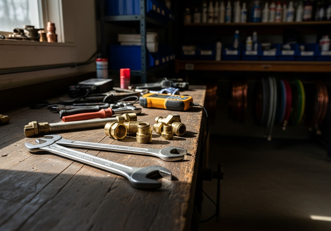 Plumbing tools and equipment arranged on a work surface, representing the trade and readiness for service calls.