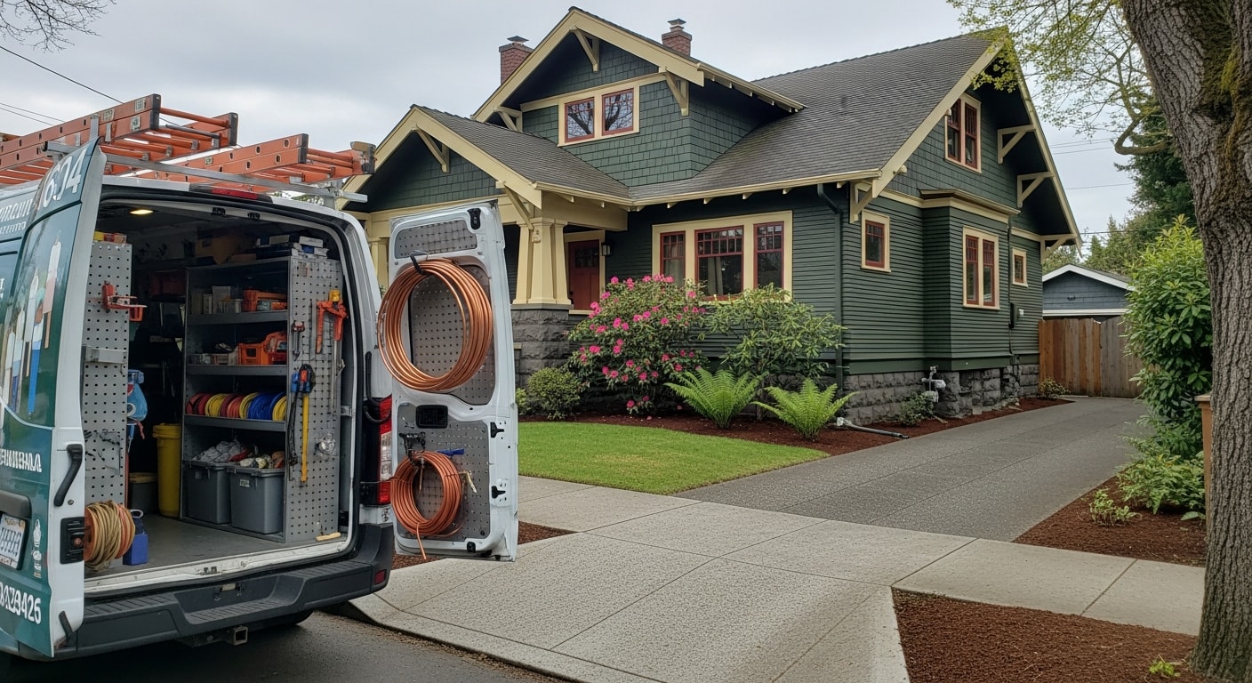 Craftsman-style home in Portland's inner Southeast neighborhood with mature landscaping and updated exterior finishes.
