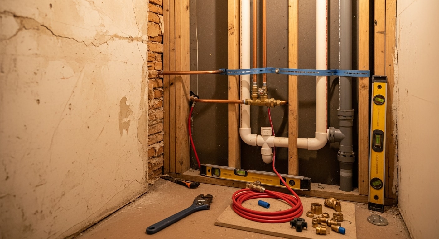 A newly installed bathroom in a Portland, Oregon home showing a wall-mounted sink, toilet, and tiled shower with visible shutoff valves and clean supply line connections. The finished space reflects a complete bathroom plumbing installation completed by Kingdom Plumbing & Contracting LLC.