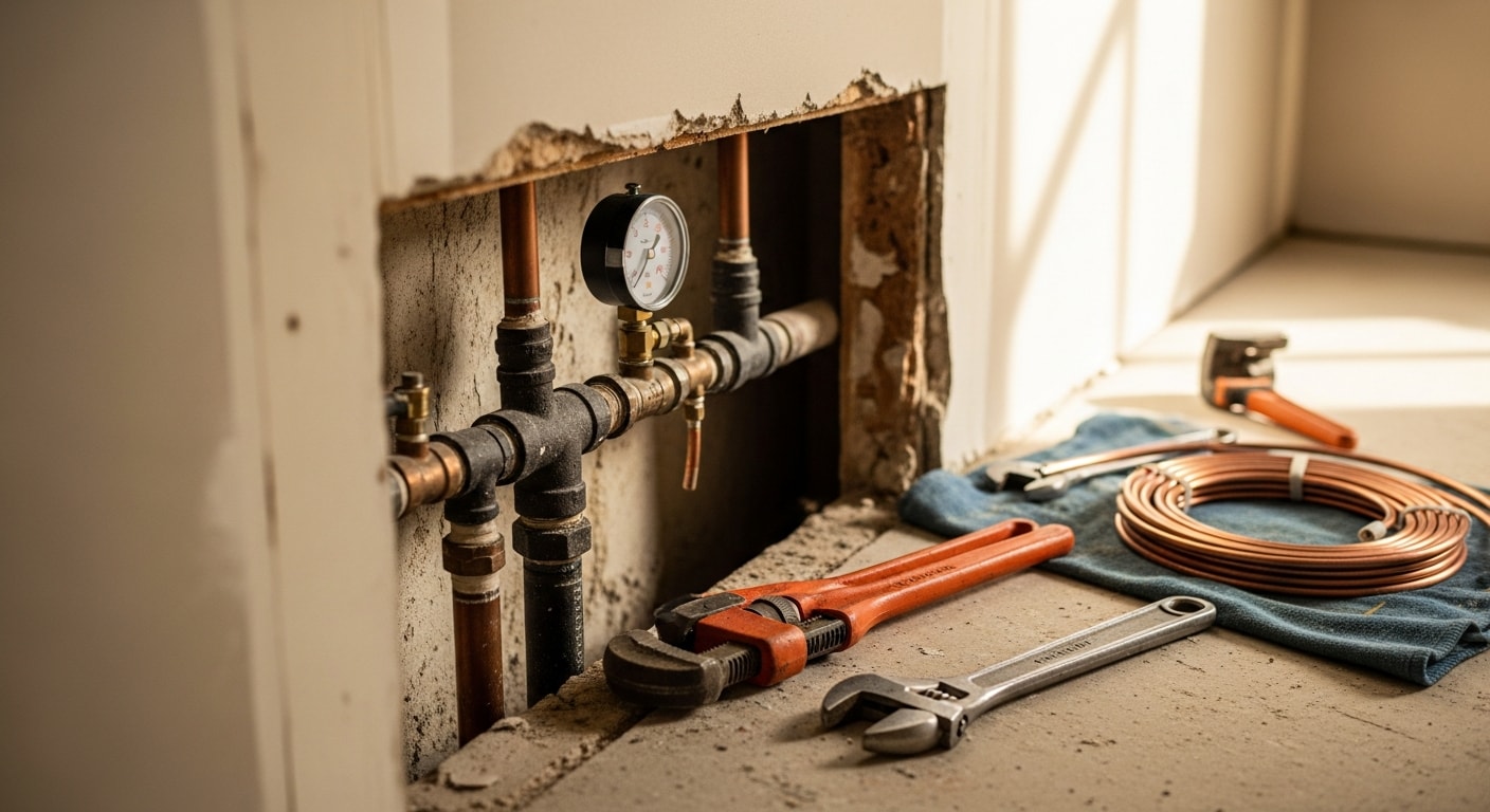 A licensed plumber from Kingdom Plumbing & Contracting LLC inspecting a commercial pipe system inside a Portland, Oregon office building. The image shows exposed supply lines and drain connections in a utility room typical of older Portland commercial properties.