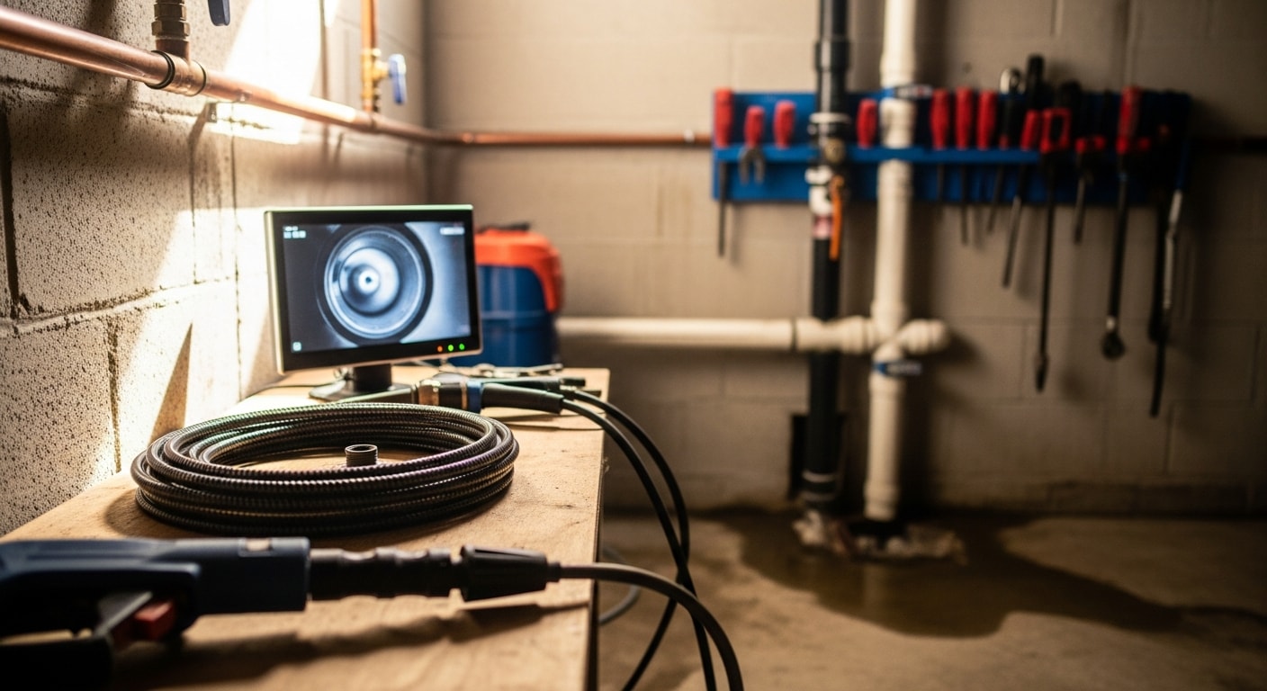 A plumber from Kingdom Plumbing & Contracting LLC feeds a drain snake into a floor-level cleanout inside a Portland home. The pipe opening shows dark buildup consistent with an older cast iron drain line.
