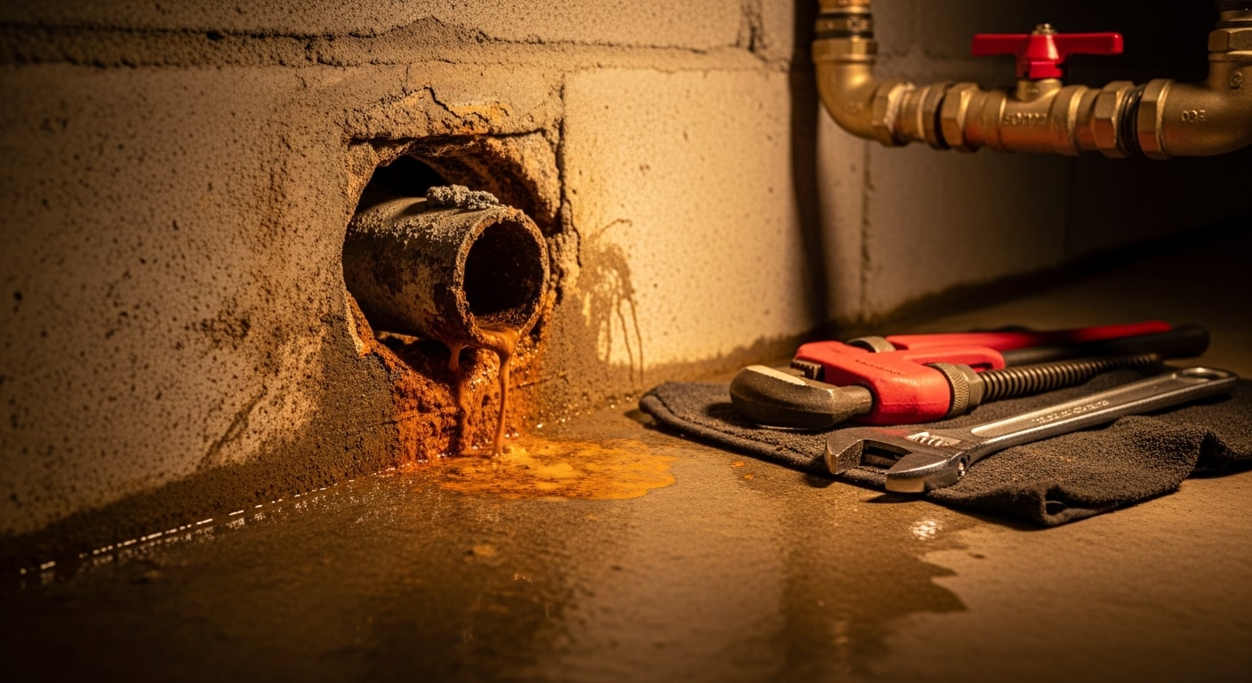 A licensed plumber from Kingdom Plumbing & Contracting LLC repairing a burst pipe under a sink inside a Portland, Oregon home. Water damage is visible on the cabinet floor, and the plumber is using hand tools to replace a corroded pipe section.