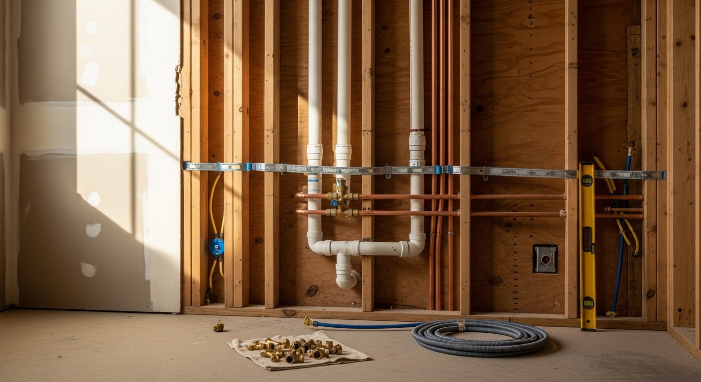 A newly installed kitchen sink with supply lines and drain connections visible beneath the cabinet in a Portland, Oregon home. The plumbing work shows clean copper and PVC lines connected to a single-basin undermount sink as part of a kitchen remodel.