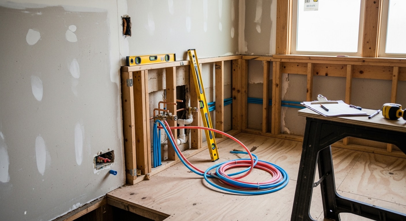 Finished kitchen remodel inside a Portland, Oregon home showing updated cabinetry, new plumbing fixtures at the sink, and an open layout replacing a former galley configuration. Work completed by Kingdom Plumbing & Contracting LLC.