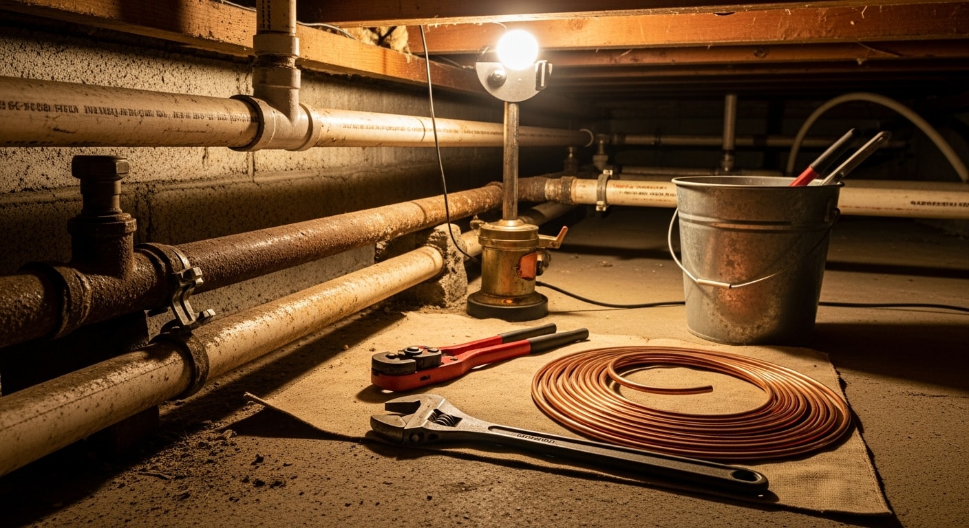 A licensed plumber repairing a corroded galvanized pipe beneath the sink of an older Portland, Oregon home. The work area shows exposed supply lines and a repair fitting being secured under a kitchen cabinet.