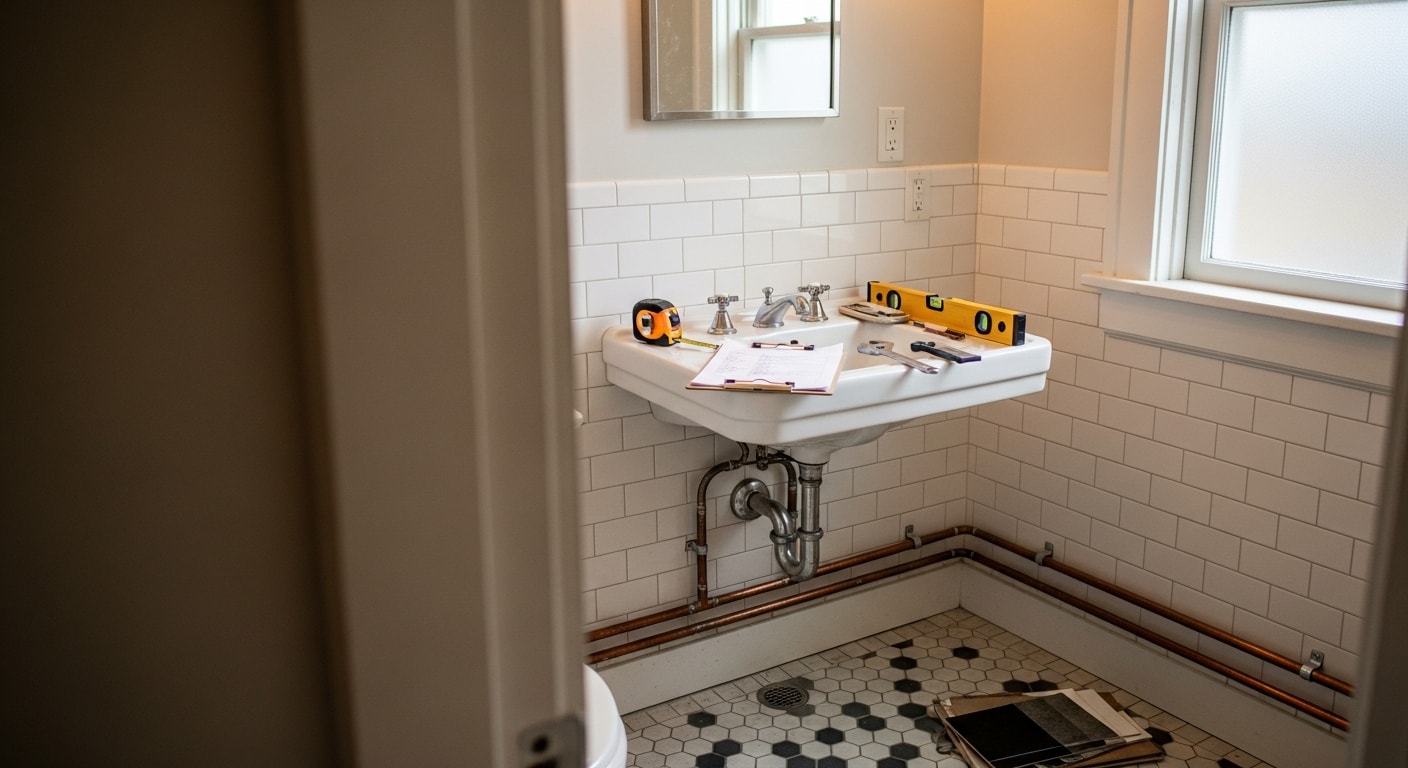 A Kingdom Plumbing & Contracting LLC contractor reviewing a kitchen layout with a Portland homeowner during an in-home remodeling consultation. The kitchen shows original cabinetry and older fixtures typical of a Portland Craftsman-era home.