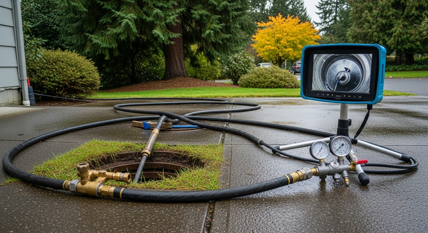 A plumber from Kingdom Plumbing & Contracting LLC using hydro-jetting equipment to clean a residential sewer line at a Portland, Oregon home. The work area shows a cleanout access point in a yard typical of an older Portland neighborhood.