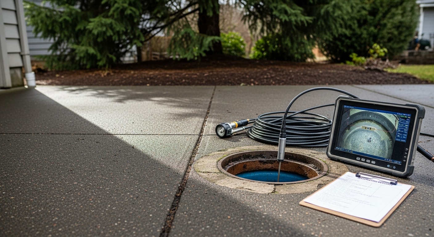 A plumber from Kingdom Plumbing & Contracting LLC feeds a sewer camera into a cleanout access point at a Portland, Oregon residential property. The camera monitor displays the interior of a clay sewer pipe showing root intrusion and joint offset typical of older Portland homes.