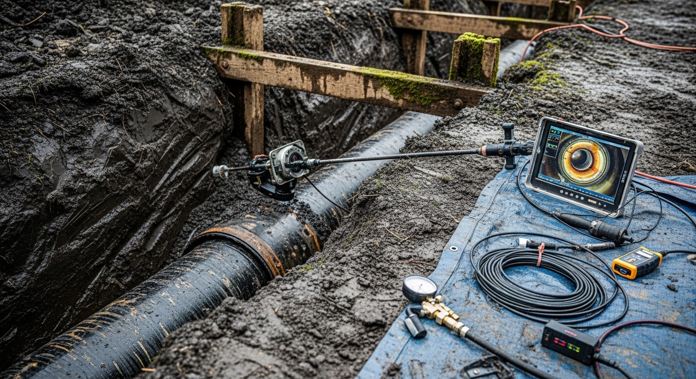 A plumber from Kingdom Plumbing & Contracting LLC running a camera inspection cable into a residential sewer cleanout in a Portland, Oregon backyard. The monitor displays a cracked clay pipe with visible root intrusion inside the line.