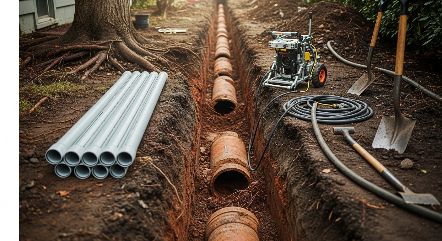 A freshly excavated trench in a Portland, Oregon residential yard showing a deteriorated clay sewer lateral being removed and replaced with new pipe. A Kingdom Plumbing & Contracting LLC crew member inspects the open trench alongside the exposed pipe section.