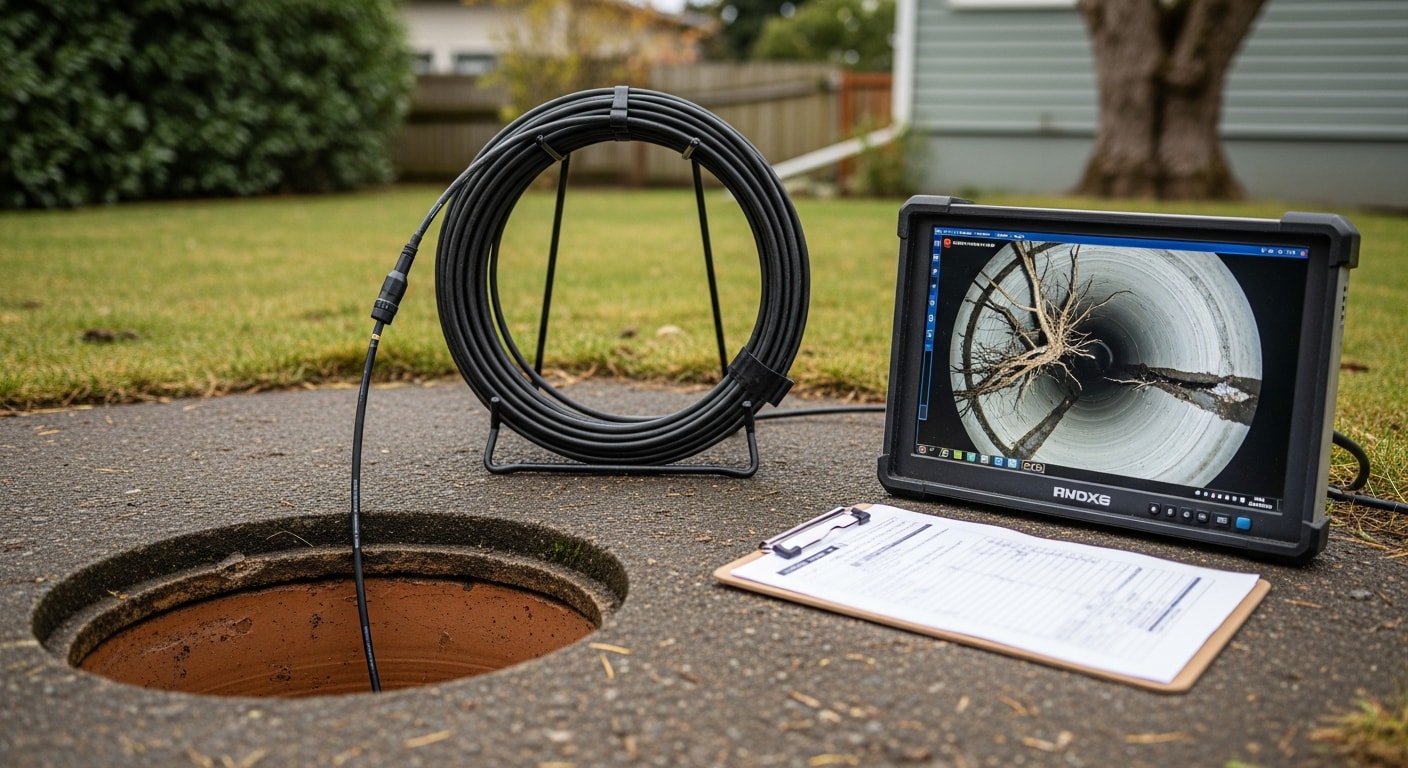 A plumber from Kingdom Plumbing & Contracting LLC feeds a sewer camera into a cleanout access point at a residential property in Portland, Oregon. The monitor beside the technician displays live footage of the interior pipe condition during the sewer scope inspection.