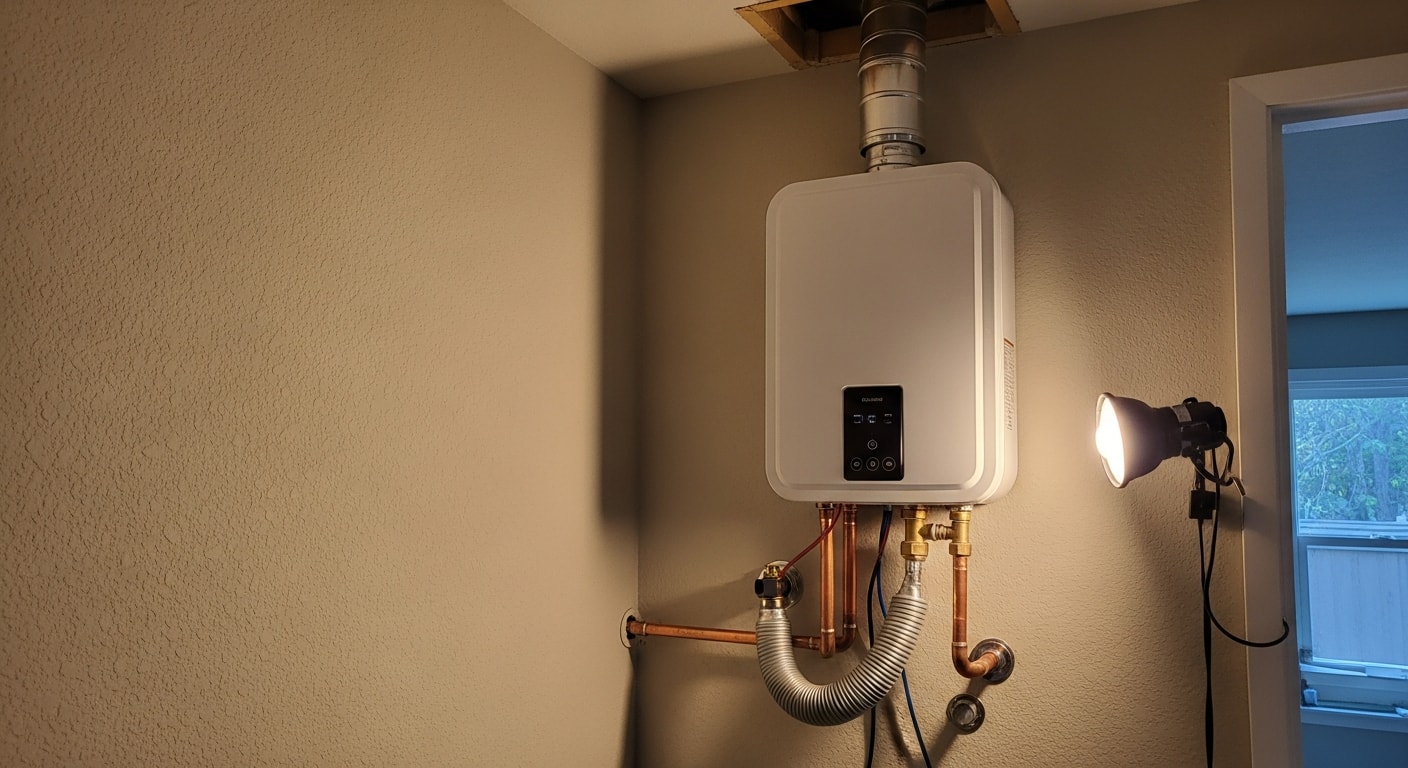 A tankless water heater mounted on the interior wall of a Portland, Oregon home utility room, with copper water lines and a new gas supply connection visible. The compact wall-mounted unit replaces a traditional tank setup in a tight residential space.