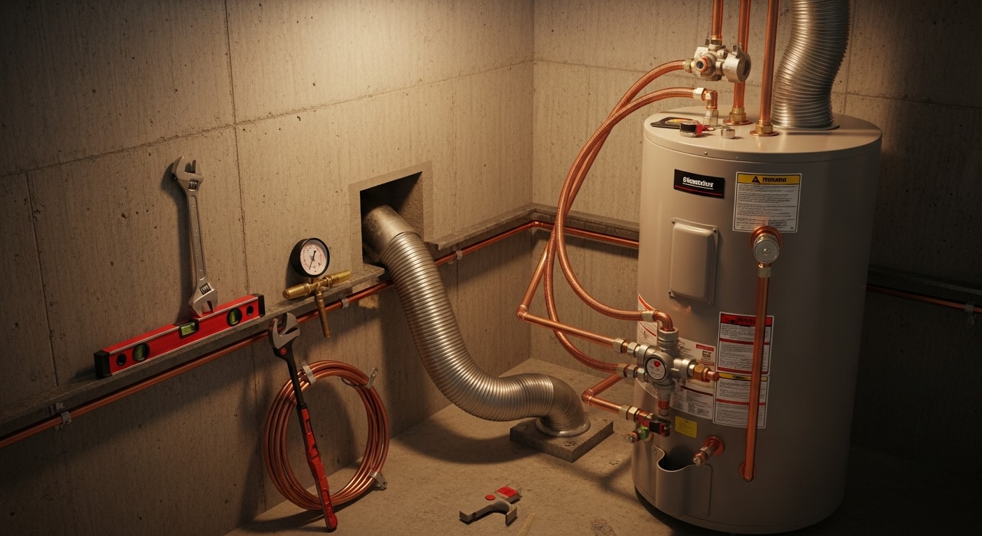 A licensed plumber from Kingdom Plumbing & Contracting LLC completing a water heater installation in a Portland, Oregon home utility room. The unit is mounted against the wall with seismic strapping and connected supply lines visible.