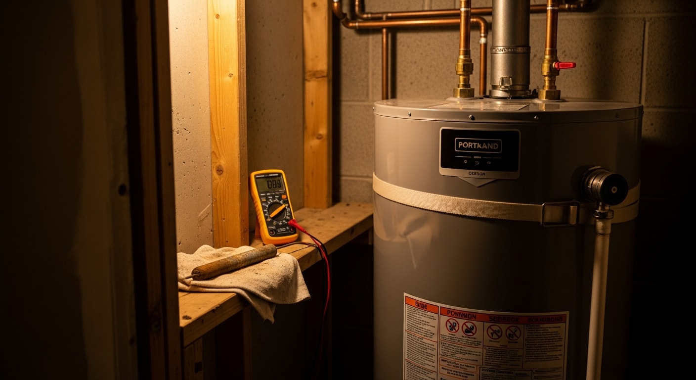 A licensed plumber from Kingdom Plumbing & Contracting LLC inspecting a tank water heater installed in a basement utility space of a Portland, Oregon home. The technician checks the anode rod and seismic straps on the unit.