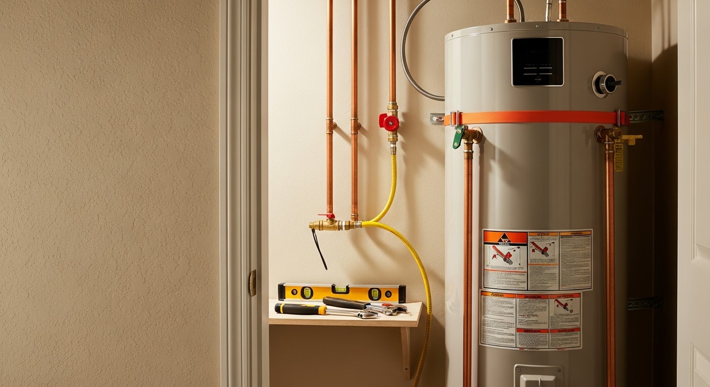 A licensed plumber from Kingdom Plumbing & Contracting LLC installs a new water heater in a Portland, Oregon home utility room. The unit is upright, properly connected, and secured with seismic straps per Oregon code requirements.